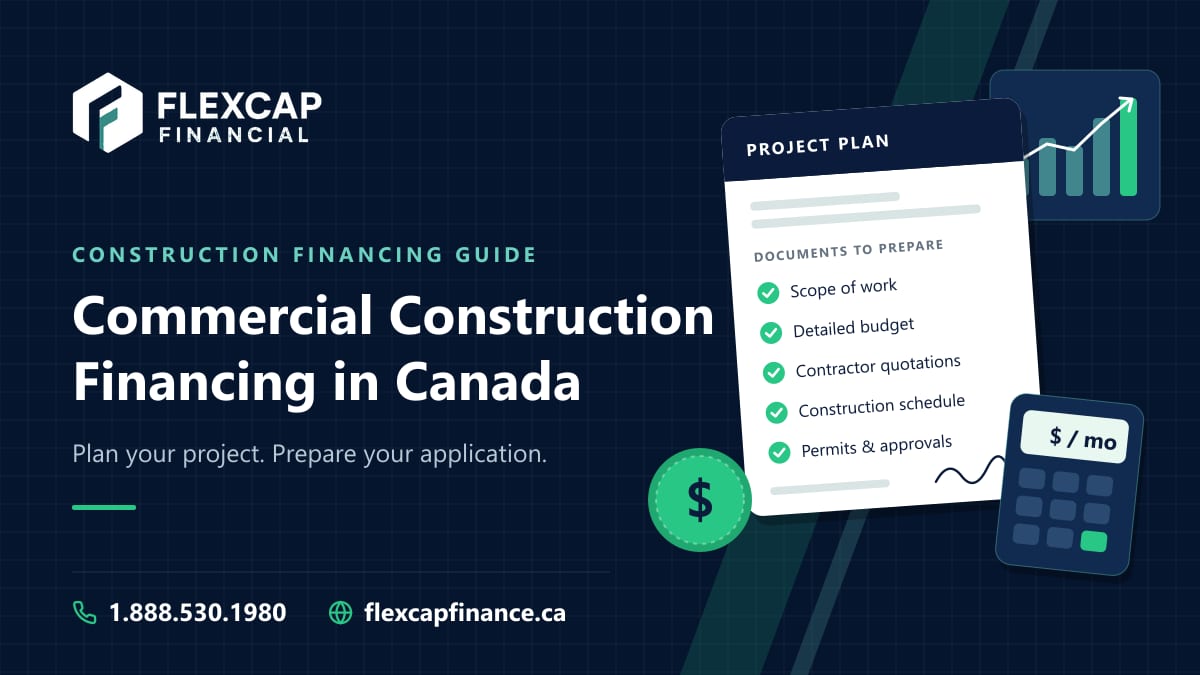 Illustration of a commercial construction project plan with a documents-to-prepare checklist, growth chart and calculator, with the FlexCap Financial logo and contact details