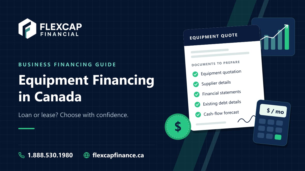 Illustration of an equipment financing quote with a documents-to-prepare checklist, growth chart and calculator, with the FlexCap Financial logo and contact details